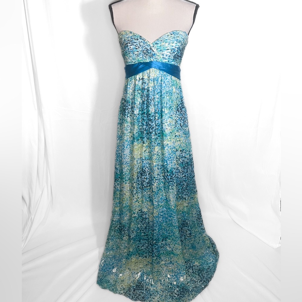 BCBG MaxAzria Blue Multi Strapless Silk Formal Gown Size 12
